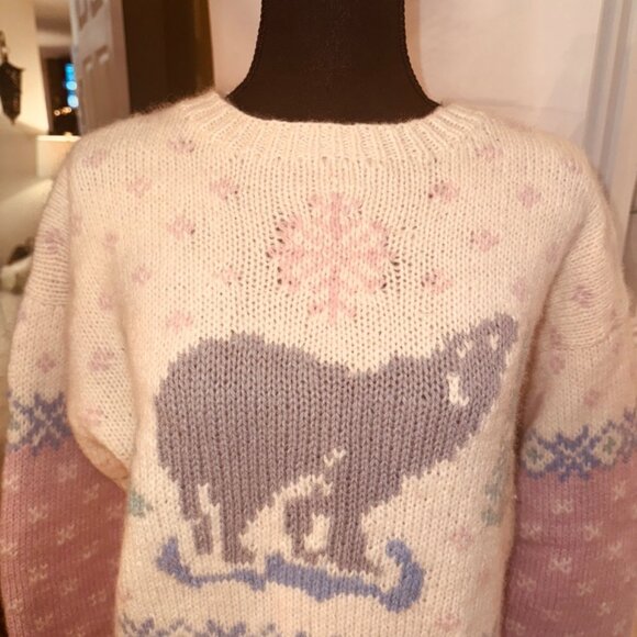 Vintage 90s Y2k Eddie Bauer Heavy Chunky Knit Wool Sweater Pastel Bear M Cottage - Picture 8 of 9